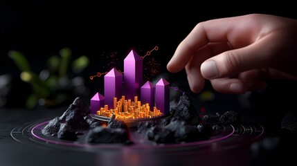 Poster - Sophisticated Purple Financial Chart on Dark Backdrop with Copy Space for Profit and Investment Metaphor 3D Visualization Highly Detailed Data Visualization Sleek and Minimalist Corporate Design