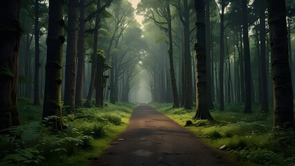 Wall Mural - An old road (pathway) through the green forest. Ancient trees Generative AI