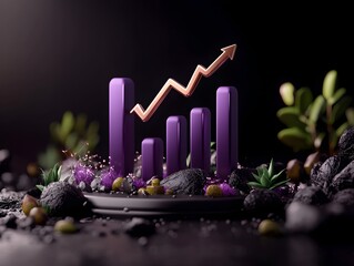 Poster - minimalist 3d visualization of an amethyst hued business chart rising from a shadowy background symb