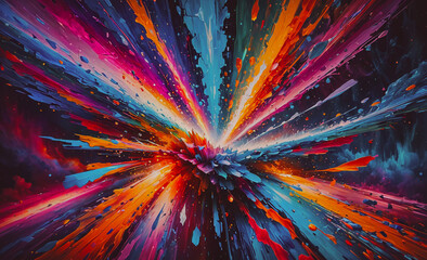 Poster - Colorful explosion of paint with a rainbow of colors. The colors are red, blue, yellow, and green