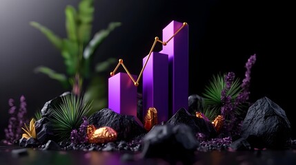 Poster - Ascending Purple Business Graph on Dark Background Elegant Financial Data Visualization with 3D Rendering Minimalist Corporate Style