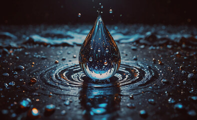 Poster - Drop of water is sitting on the surface of a body of water. The drop is surrounded by ripples and has a small reflection of itself in the water