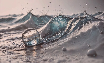 Poster - Wave in the ocean with a clear ball in the water. The ball is partially submerged in the water