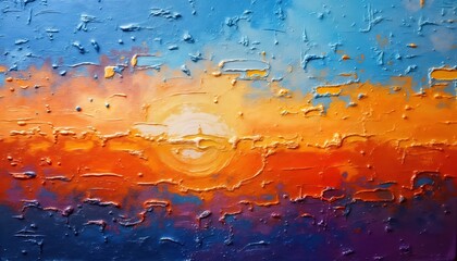 Poster - Abstract oil painting dynamic interplay of orange gold blue, purple colors. Painterly textures create sense of depth, movement evoking sunset sky. Painting features blend of colors with focal point