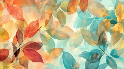 Poster - A beautiful and vibrant design of colorful translucent leaves layered over a soft turquoise backdrop, creating a delicate and decorative effect.