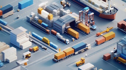 Poster - A birds-eye view of a logistics hub with trucks, cargo ships, and warehouses in motion, symbolizing global trade and transportation network growth.