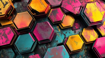 Poster - A bold and vibrant abstract composition featuring hexagonal shapes with a colorful metallic sheen, showcasing futuristic design and energy.