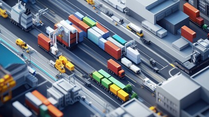 Poster - A birds-eye view of a logistics hub with trucks, cargo ships, and warehouses in motion, symbolizing global trade and transportation network growth.