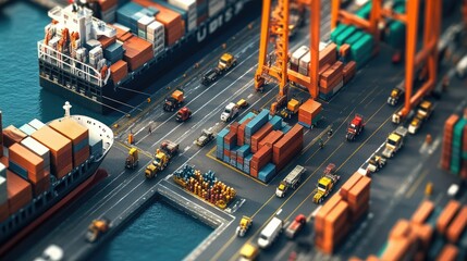 Poster - A busy port with container ships unloading cargo while trucks and forklifts efficiently distribute freight, emphasizing the growth of the global logistics network.