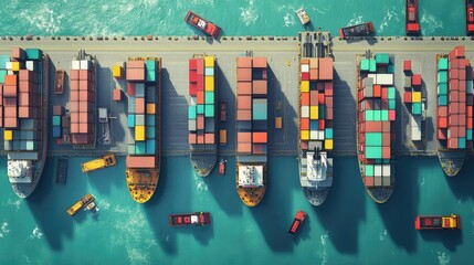 Poster - A busy port with container ships unloading cargo while trucks and forklifts efficiently distribute freight, emphasizing the growth of the global logistics network.
