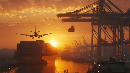 Poster - A cargo plane unloading goods at sunrise with a shipyard crane moving containers on a container ship, symbolizing global transportation and logistics in motion.