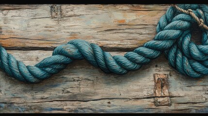 Aufkleber - A close-up of a coiled blue rope on a weathered wooden surface, showcasing the intricate details and textures of both elements.