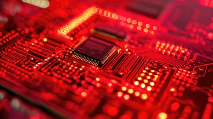Poster - A close-up of a high-tech circuit board with glowing red lines and intricate patterns, showcasing futuristic technology.
