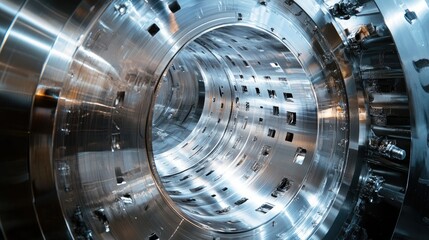 Poster - A close-up of a massive aluminum roll in a factory, highlighting the scale and intricacies of industrial production in a manufacturing environment.