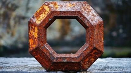 Aufkleber - A close-up of a rusted octagonal metal object with a hollow center, likely part of industrial machinery, showcasing the wear and age of the metal.