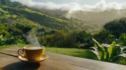 Poster - A close-up of a steaming cup of coffee on a wooden table, with rolling hills and vibrant green nature in the background, offering a tranquil scene.