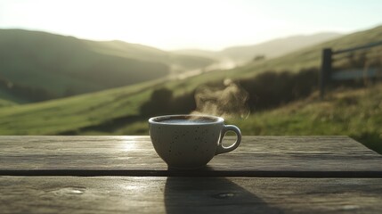 Poster - A close-up of a steaming cup of coffee on a wooden table, with rolling hills and vibrant green nature in the background, offering a tranquil scene.