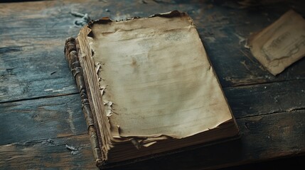 Poster - A close-up of a weathered book with empty pages on a rustic wooden surface, evoking nostalgia and an old-world charm.