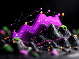 Poster - Futuristic 3D rendered purple business chart on dark background showcasing financial growth trade ideas