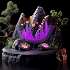 Poster - futuristic 3d model of vibrant purple business chart on dark backdrop showcasing analytical financia