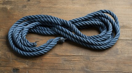 Poster - A close-up of blue rope with intricate twists, lying on an aged wooden surface, capturing the texture and natural beauty of the materials.