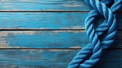 Poster - A close-up of twisted blue rope lying on a weathered wooden surface, showing intricate texture and contrast against the rustic backdrop.