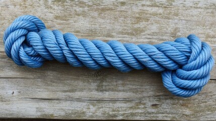 Poster - A close-up of twisted blue rope lying on a weathered wooden surface, showing intricate texture and contrast against the rustic backdrop.