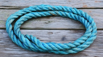 Poster - A close-up of twisted blue rope lying on a weathered wooden surface, showing intricate texture and contrast against the rustic backdrop.