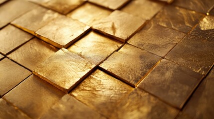Aufkleber - A close-up shot of gold blocks meticulously arranged in a textured pattern, each block shining with a rich, polished finish.