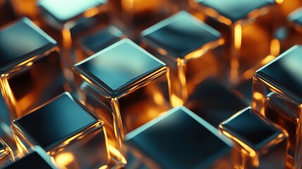 Poster - A close-up view of metallic cubes reflecting warm light, creating a visually striking abstract composition with smooth, shiny surfaces.