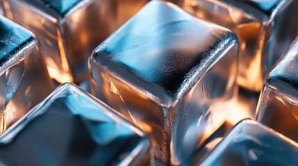 Poster - A close-up view of metallic cubes reflecting warm light, creating a visually striking abstract composition with smooth, shiny surfaces.
