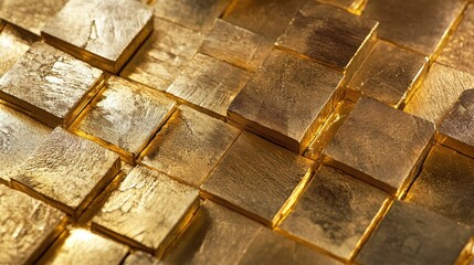 Aufkleber - A close-up view of shiny gold blocks arranged in a textured pattern, showcasing their gleaming surface and intricate arrangement.