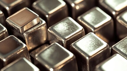 Poster - A close-up view of metallic cubes reflecting warm light, creating a visually striking abstract composition with smooth, shiny surfaces.