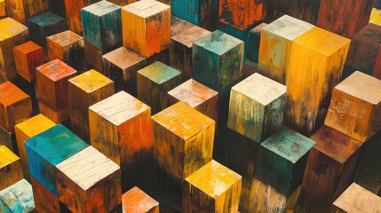 Poster - A collection of vibrant golden cubes arranged in a 3D pattern, creating an intricate and modern visual effect.
