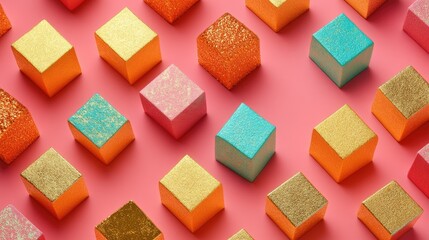 Poster - A collection of vibrant golden cubes arranged in a 3D pattern, creating an intricate and modern visual effect.