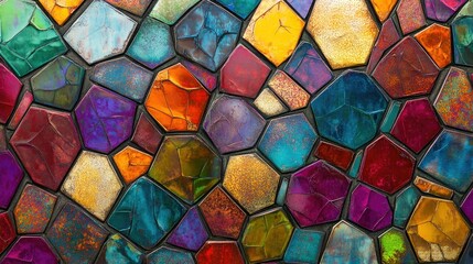 Poster - A colorful, abstract display of hexagonal shapes with a metallic sheen, blending vibrant colors and geometric design in an eye-catching composition.