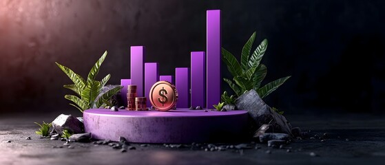 Poster - Elegant Purple Business Analytics Chart on Somber Dark Backdrop Metaphorical Profit and Growth Concept with Cutting Edge 3D Data Presentation and Streamlined Polished Design