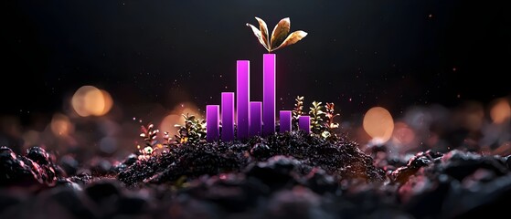 Poster - cinematic 3d render of a futuristic purple bar chart sprouting from a mysterious dark environment sy
