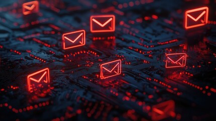 Poster - A dark circuit board with glowing red email icons, symbolizing the modern age of digital communication, technology, and connectivity.