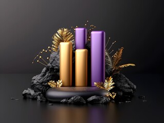 Poster - Striking 3D bar graph chart in purple and gold hues set against a shadowy backdrop showcasing a detailed and futuristic data analytics dashboard for finance and economics