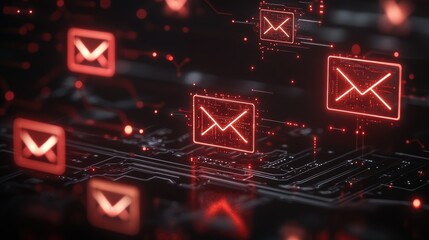 Poster - A dark circuit board with vibrant red email icons glowing, symbolizing the dynamic nature of digital technology and communication networks.
