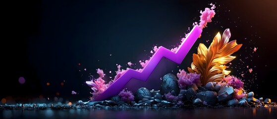 Poster - Sophisticated Purple Line Chart Rising on Dark Backdrop Conceptual Financial Analysis Data Visualization and Business Expansion in 3D Digital Art