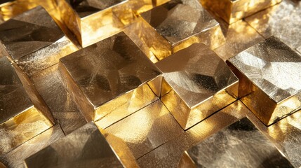 Poster - A detailed close-up of polished gold blocks arranged in a geometric pattern, reflecting light and creating an elegant, textured surface.