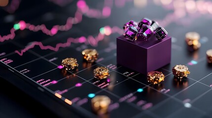 Poster - Luxurious 3D data visualization graph chart in a dark moody setting showcasing intricate digital analytics for finance investment and business insights