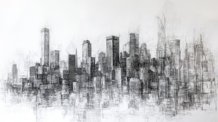 Poster - A detailed sketch of a modern city skyline with towering skyscrapers, highlighting the complexity of the urban landscape and the intricate lines of architecture.