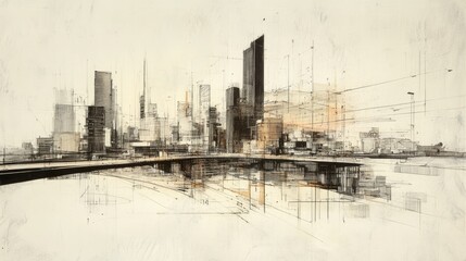 Poster - A detailed sketch of a modern city skyline with towering skyscrapers, highlighting the complexity of the urban landscape and the intricate lines of architecture.
