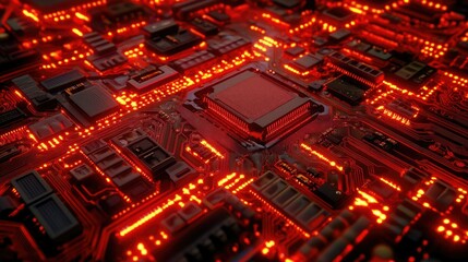 Poster - A detailed view of a circuit board with red glowing lines, creating an intricate and modern digital network.