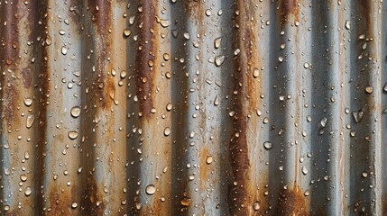 Poster - A detailed view of water droplets dripping from a corrugated metal roof during rainfall, creating a soft, serene effect.