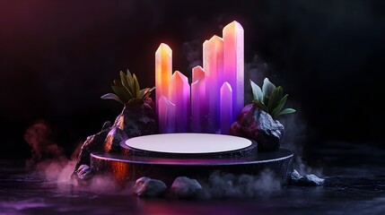 Poster - Polished Purple Financial Graph Chart with Blank Zone on Dark Background Representing Economic Success and Finance Concept in a Modern Minimalist Abstract Atmospheric Design