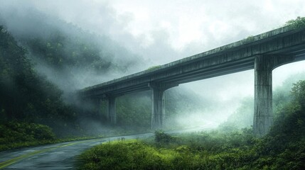 Poster - A foggy, misty road scene with a concrete overpass stretching over a quiet, green landscape, evoking a peaceful and mysterious ambiance.